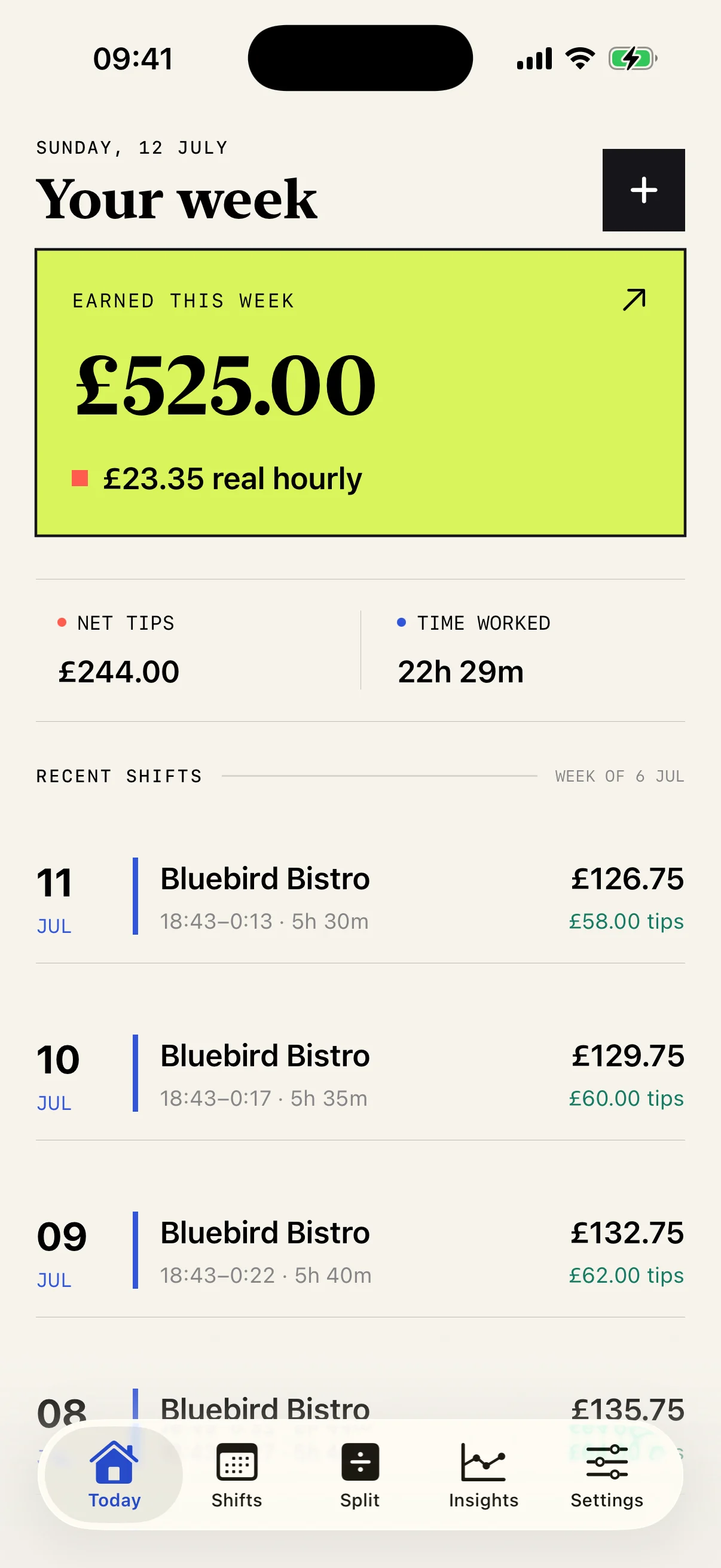 TipLark dashboard showing weekly earnings, real hourly pay and recent shifts